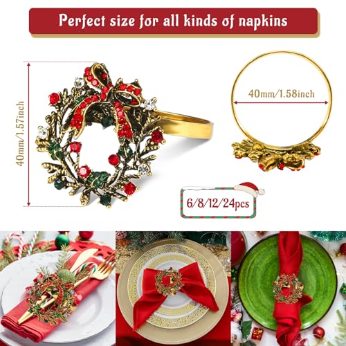 Image of Legigo Set of 6 Christmas Wreath Napkin Rings Set- Metal Xmas Napkin Ring Holders for Cloth Napkins, Christmas Holiday Party Dinner Table Decoration