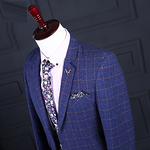 Classic Tweed Herringbone Wool Blend Men Suit 3 Pieces Blue with Gold Plaid Dark Striped Blazer2