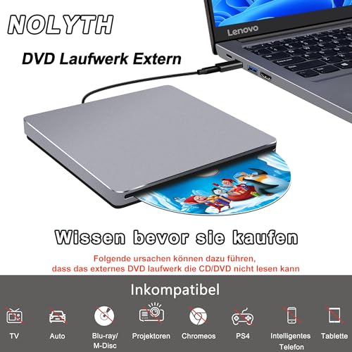 NOLYTH External CD DVD Drive for Laptop, USB-C Portable Burner Player Reader with USB 3.0 Adapter, Aluminium Alloy - Image 8