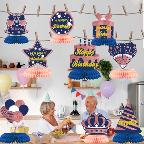 50% Off Blue Rose Gold Birthday Honeycomb Decorations - 9PCS Set - Image 4