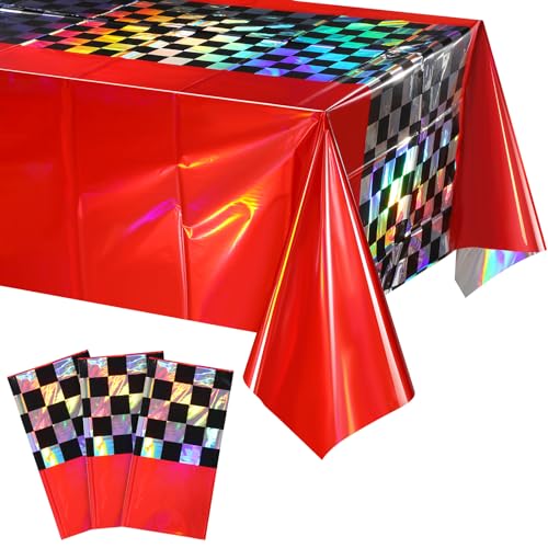 Image of 3Pack Iridescent Race Car Plastic Tablecloth, Disposable Shiny Laser Red and Black Checkered Table Cloth, Holographic Foil Rectangle Tablecloth for Race Car Boys Birthday Party Decorations, 54x108Inch
