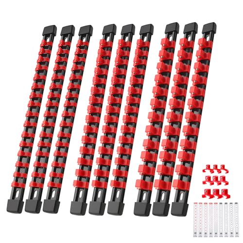 Image of Reniteco 9-Piece Socket Organizer Set - 1 /4-Inch x 48 Clips, 3 /8-Inch x 45 Clips, 1 /2-Inch x 36 Clips, Heavy Duty ABS Socket Holder, Premium Quality Socket Clip Rail Holder for Tool Box Drawer