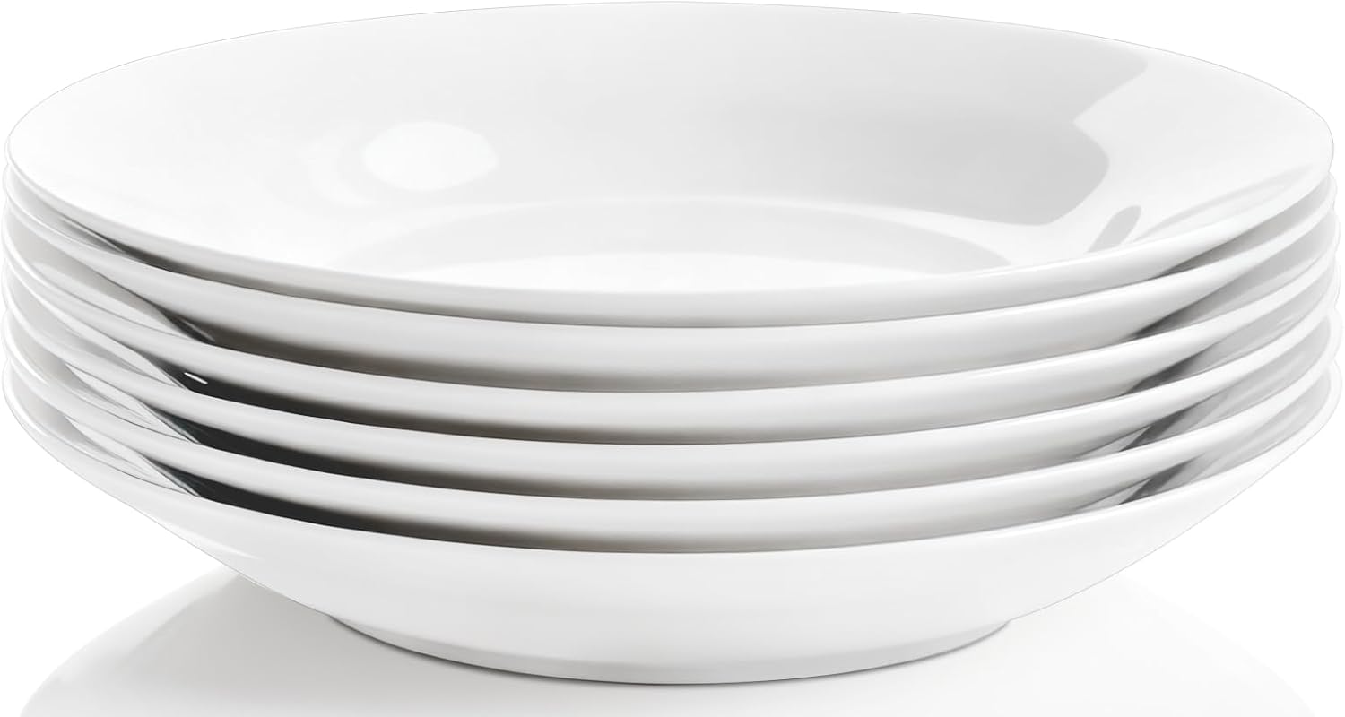 Pasta Bowls Set of 6, 9 Inch Serving Bowl, 27 oz White Porcelain Salad Bowls, Large Pasta Bowl for Soup, Kitchen, Dinner, Microwave and Dishwasher Safe