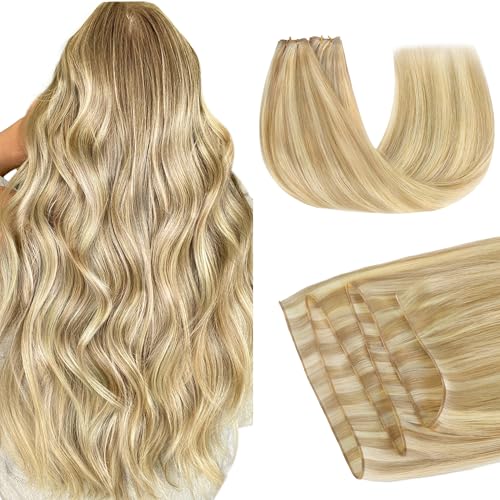 Image of GOO GOO Genius Weft Hair Extensions Human Hair, Sew In Hair Extensions Rooted Remy Weft, 18D /22F Dirty Blonde Highlights 14inch 80g, Hand Tied Weft Hair Extensions