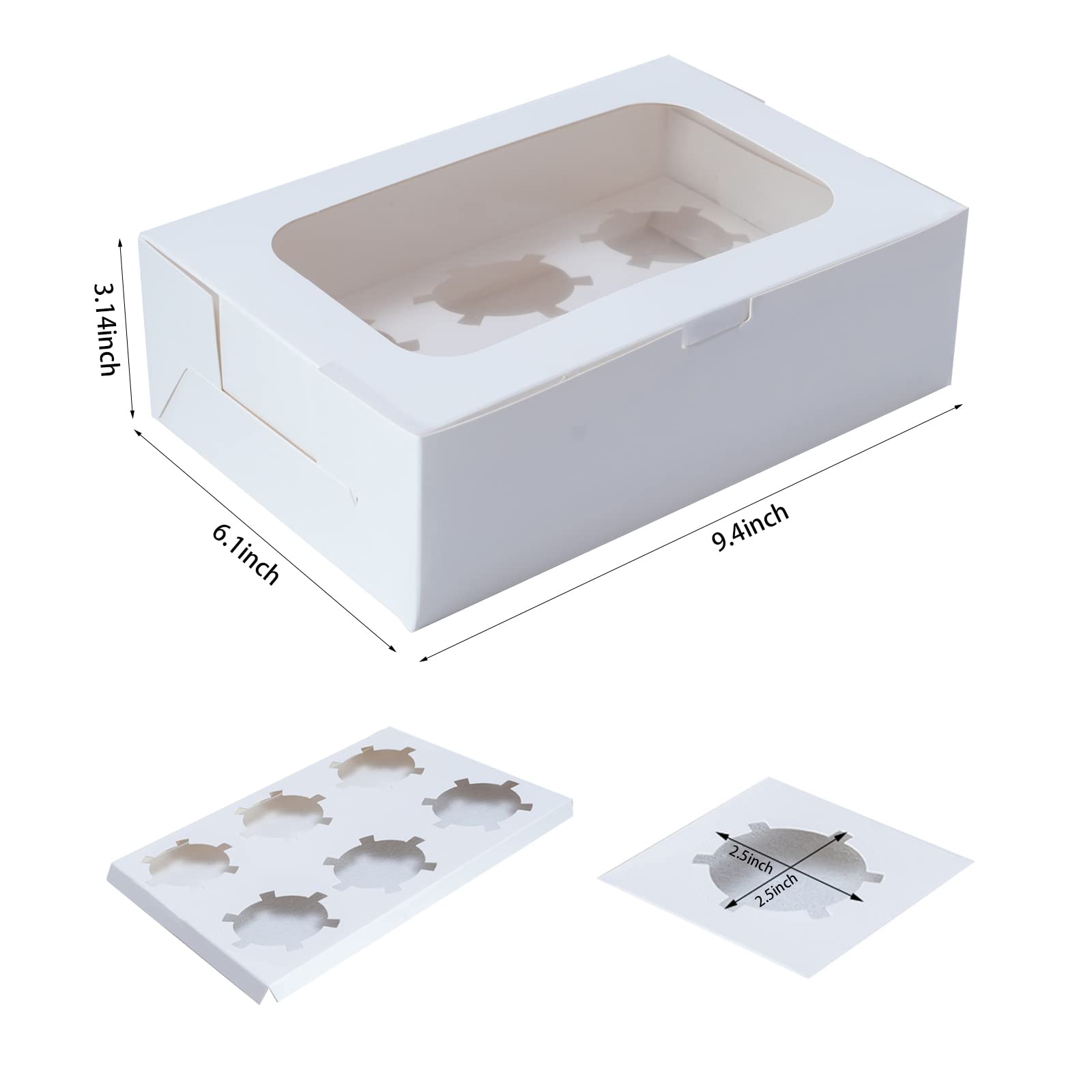 Yeplan 50 cajas para cupcakes de 9.4 x 6.1 x 3.14 pulgadas, 6 unidades, cajas blancas para cupcakes con ventana transparente y seis soportes para golosinas, caja de pastelería y galletas, caja de