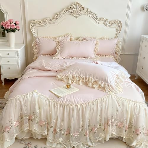 T-stage French Chic Bedding Set 4-Piece - Romantic Lace Trim Washed Cotton Duvet Cover with Bed Skirt & Pillowcases for Queen Bed Princess Style(Comforter Not Included) (Pink Twin)