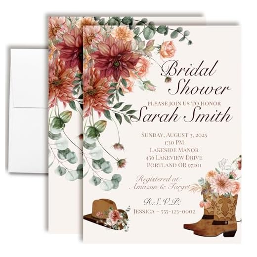 Custom Rustic Cowboy Boots Bridal Shower Invitations – 30 Personalized 5x7 Rustic Western Wedding Shower Cards with Thirty Envelopes – Boho Country Bridal Invites by AmandaCreation