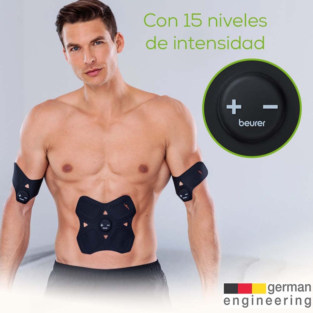 Beurer EM 22 Muscle Booster, juego de pads EMS de tres piezas para la electroestimulación de los músculos del brazo, la pierna y el abdomen, 15 niveles de intensidad y pads de silicona autoadhesivas