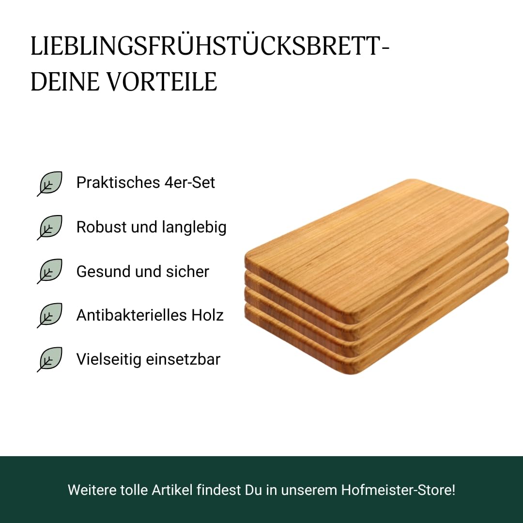 4x Frühstücksbrett Kirschholz 22 cm - 100% Handarbeit, stabiles Brotzeitbrett, Vesperbrettchen für die Stulle, Messer schonendes kleines Brettchen, Holzbrett, Brett Kirsche