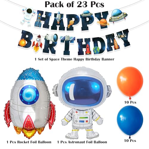 Image of Rozi Decoration Happy Birthday Decoration Items Space Theme for Boys, Girls, Kids Birthday Decorations, Astronaut Balloons Birthday Decoration, Rocket s Pack of 46 Pcs,blue,orange Latex, Foil, Paper