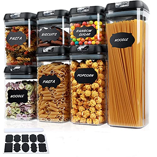 Taylor & Brown 7pc Clear Airtight Food Storage Container Set with 10 Labels & 1 Marker - Kitchen & Pantry Containers - Ideal for Flour Cereal Spaghetti Pasta & more Black