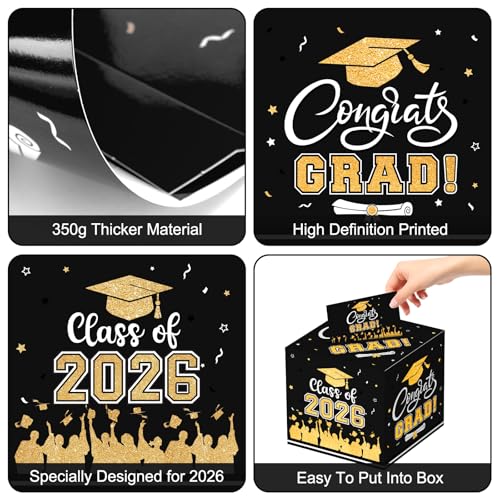 Image of Graduation Card Box 2026 - Congrats Grad Card Boxes Holder, Black and Gold Class of 2026 Gift Cards Box for Graduation Decorations 2026 Favors Party Decor Supplies Props, 9x 9 x 9 inches