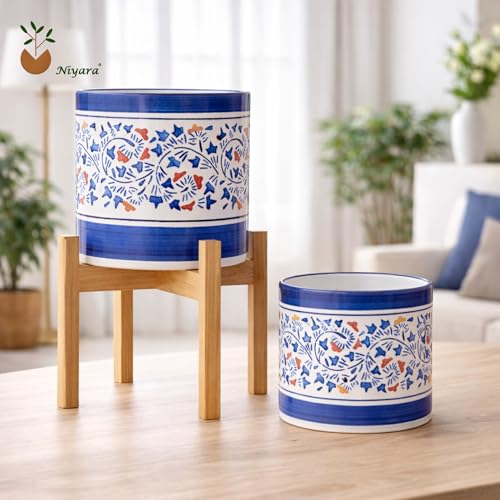 Image of Niyara Decorative Blue Floral Print Balti Flower Pots, Indoor & Outdoor Ceramic Planters (Set of 2)