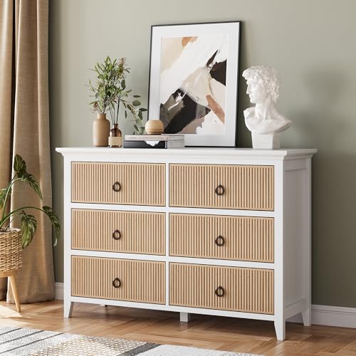 GAOMON 6 Drawer Dressers for Bedroom, Modern Long Dresser Chest with Large Drawer, Waveform Fluted Panel Design, Wooden Chest of Dresser Storage Cabinet Organizer, Antique Profile, Anti-Tipping