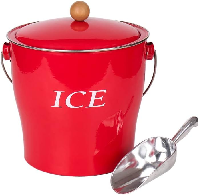 T686 Vintage Red 4L Metal Double Walled Ice Bucket Set/Home Kitchen Gifts With Lid/wooden Handle And Scoop