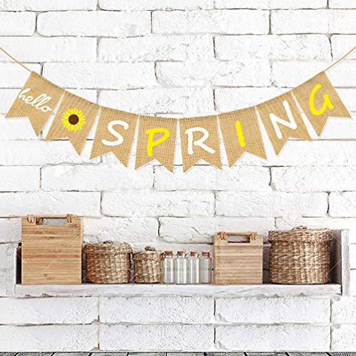 Amosfun Hello Spring Burlap Banner Rustic Spring Banner Garland Sunflower Bunting Banner Seasonal Christmas Party Decoration for Fireplace - Image 2