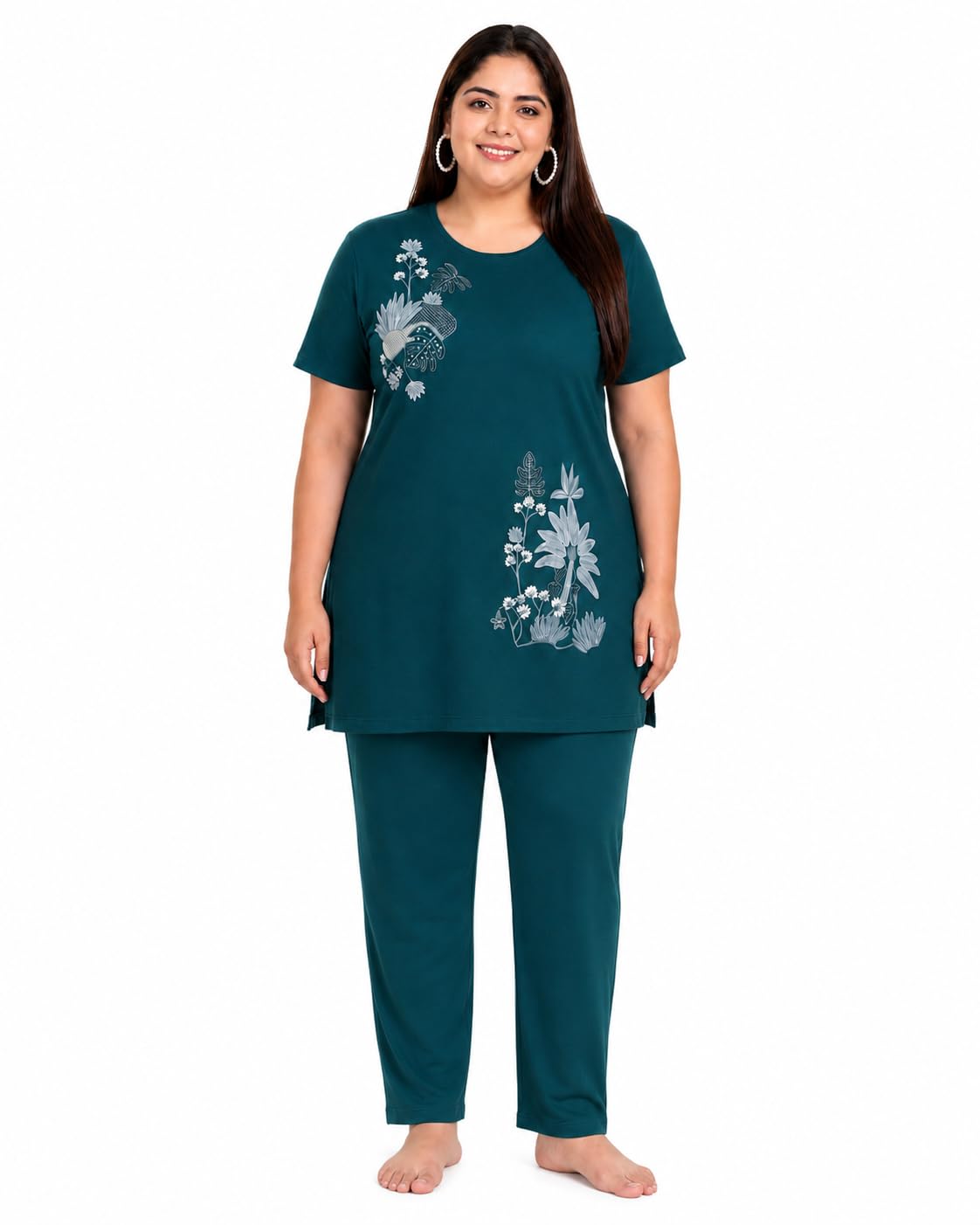 In Love Women Cotton Regular Fit Plus Size Long-Line Chest Print T-Shirt with Pocket