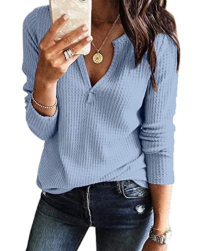 Image of Farktop Womens Long Sleeve Tops Henley V Neck Lightweight Pullover Sweaters