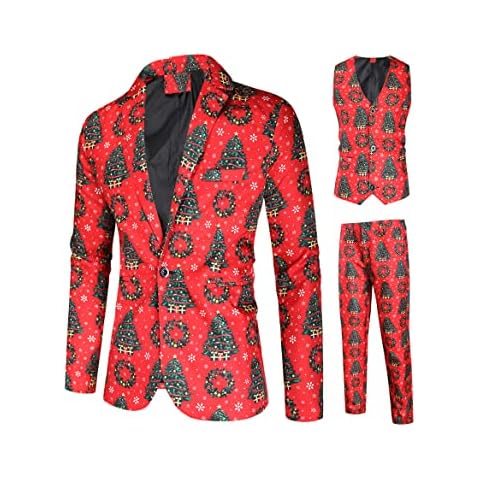 WXDSNH Men's Suits Christmas Print Set 3 Piece Party Wedding Vest Jacket Pants Slim Red Casual Back Slit Suits Collar Cover