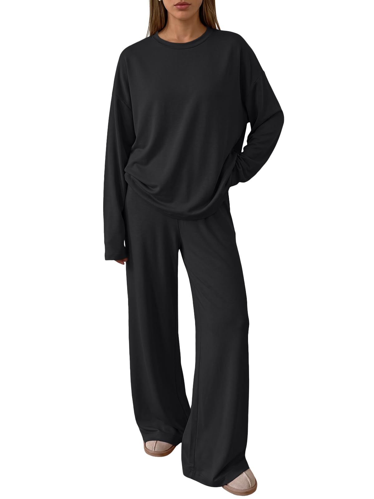 Trendy Queen Womens 2 Piece Fall Lounge Sets Oversized Tops Wide Leg Pants | Airport Travel Outfits,Comfrt Matching Clothes,Winter Sweatsuit,Workout Tracksuit for Gym,Fashion 2026,Everyday Wear