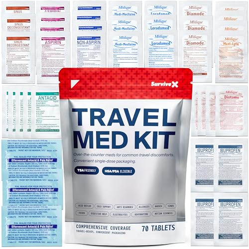 SurviveX Travel Medicine Kit - Compact TSA-Approved Medication Pack for Travel Camping Cruises - Includes Over-the-Counter Individual Medicine Packets