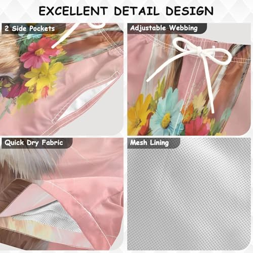 DOMIKING Floral Crown Rabbit Pink Boys' Pull On Swim Trunks Quick Dry Boardshorts with Mesh Lining for Hiking Swimming M3