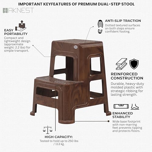 Image of Oaknest Supreme Multipurpose Plastic 2-Step Stool for Kids & Adults - Anti-Slip Lightweight Stepping Stool for Kitchen, Bathroom & Home - Teakwood, 2 Piece