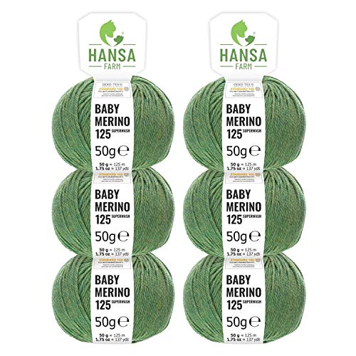 100% Lana de Merino extrafine superwash en 35 + Colores (kratzfrei)  300 g Set (6 x 50 g)  Baby Merino lana para tejer & en 4 hilos by Hansa de Farm  Tilo flor Heather (verde)