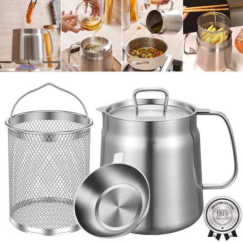 HOMKULA 2-in-1 304 Stainless Steel Multifunctional Oil Strainer Pot, Large Capacity Oil Filter Pot, Bacon Grease Container with Deep Fryer Basket for Kitchen Camping (68oz/2L)