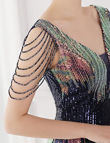 Image of Women 1920s Plus Size Formal Dress Tassels Sleeve Sequins Gatsby Maxi Evening Gown