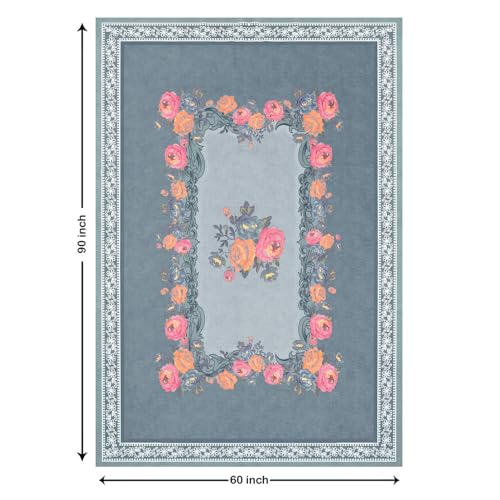 Image of Cloth Fusion Velvet Floral Dining Table Cloth 6 Seater, Dining Table Cover with Elegant Floral Pattern for Dining Room (60x90 Inch, Light Blue)