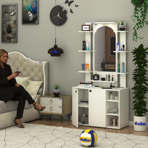 Image of Anikaa Venza Engineered Wood Dressing Table with Wall Mounted Mirror & LED Lights Open Shelf | Makeup Vanity Storage Cabinet with Soft Closed Hinge Door for Bedroom -(White) DIY Installation