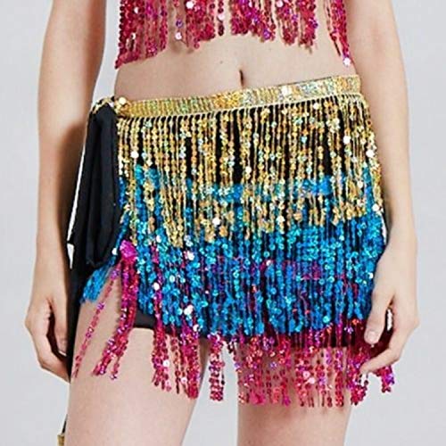 Image of VRITRAZ Women's Chiffon Belly Dance Hip Scarf Waistband Belt Skirt Mixed Colors Beads and Golded Coins