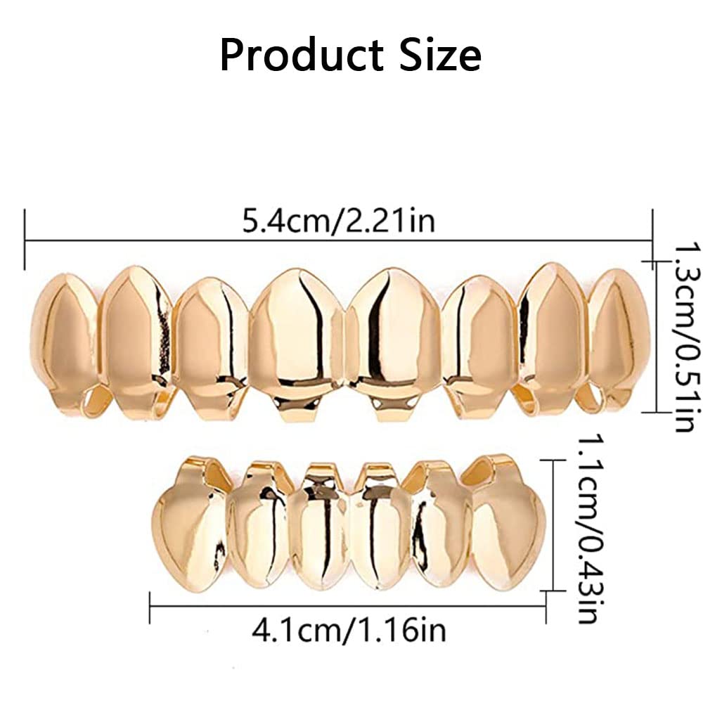 yufana 2 Pcs Top Bottom Teeth Grills,Shine Gold Grills Color Tooth Grills Top Bottom Fake Mouth Grills Plated Gold Silver Grills Mouth Bottom Grills for Joker Rapper,Halloween Costume - Image 2