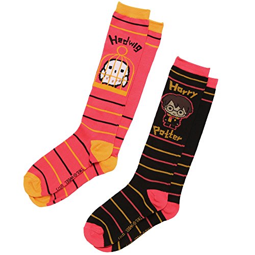 Hypnotic Hats Harry Potter Chibi Style Art Harry & Hedwig 2-pack Knee High Womens Striped Socks - Pink/Black
