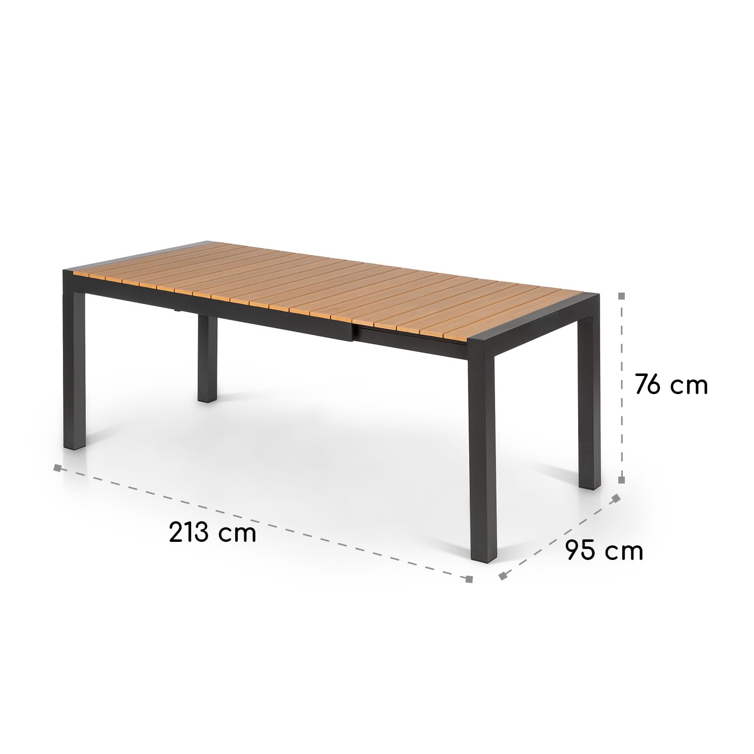 blumfeldt Menorca Expand - Gartentisch, Ausziehtisch, ausziehbar, Aluminium/Kunststoff-Holzimitation, Pulverbeschichtung, justierbare Füße, Tischfläche max.: 213 x 95 cm, hell/Teak
