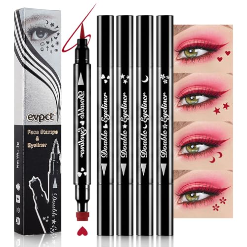 evpct Red Winged Eyeliners Stamp 4 in 1 Stars Flowers Hearts Moon Face Makeup Stamp Set Eye Liners for Women Red Liquid Eyeliner Long Lasting Waterproof Colorful Set Colorful Eye Wingliner Shapes