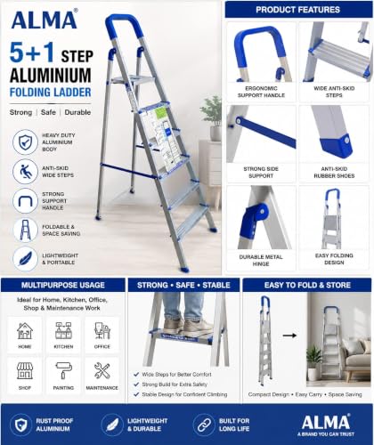 Image of Heavy-Duty 6-Step Aluminium Folding Ladder with Safety Hand Railing | Anti-Slip Wide Steps | Lightweight Foldable Ladder for Home, Kitchen, Cleaning, Painting, Maintenance & Indoor /Outdoor Use