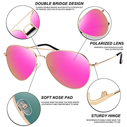 Wowsun Classic Polarized Aviator Sunglasses For Women Men With Case (Golden Frame Purple Pink Mirrored Lens) #TOP2