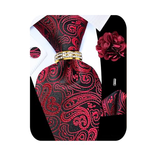 Image of 5PCS Tie and Pocket Square for Men, Silk Necktie and Handkerchief Cufflinks with Gold Ring and Lapel Pin Set