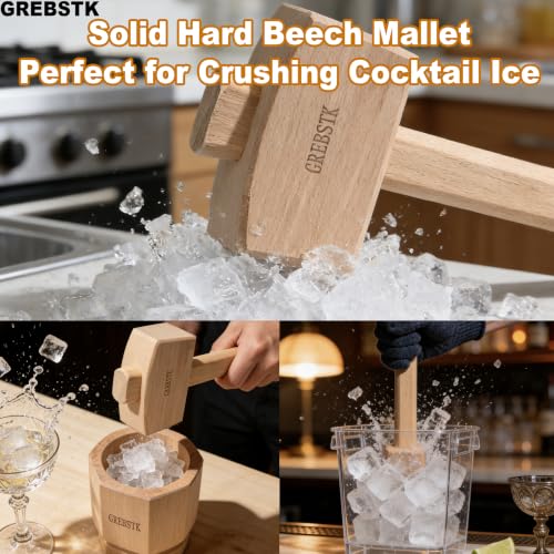 Image of GREBSTK Polished Solid Beech Wood Mallet for Home Bartending & Workshop | Polished oiled finish, stain & moisture resistant, wipes clean with ease, smooth comfortable grip, durable protective coat