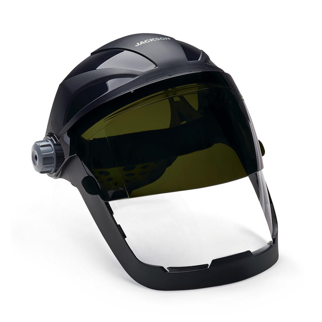 Jackson Safety 14230 Quad 500 Premium Multi-Purpose Face Shield/Face Guard; Ratcheting Headgear, Clear Tint, Anti-Fog Coating, Visor Face Protection with 5 IR Rated Flipshade