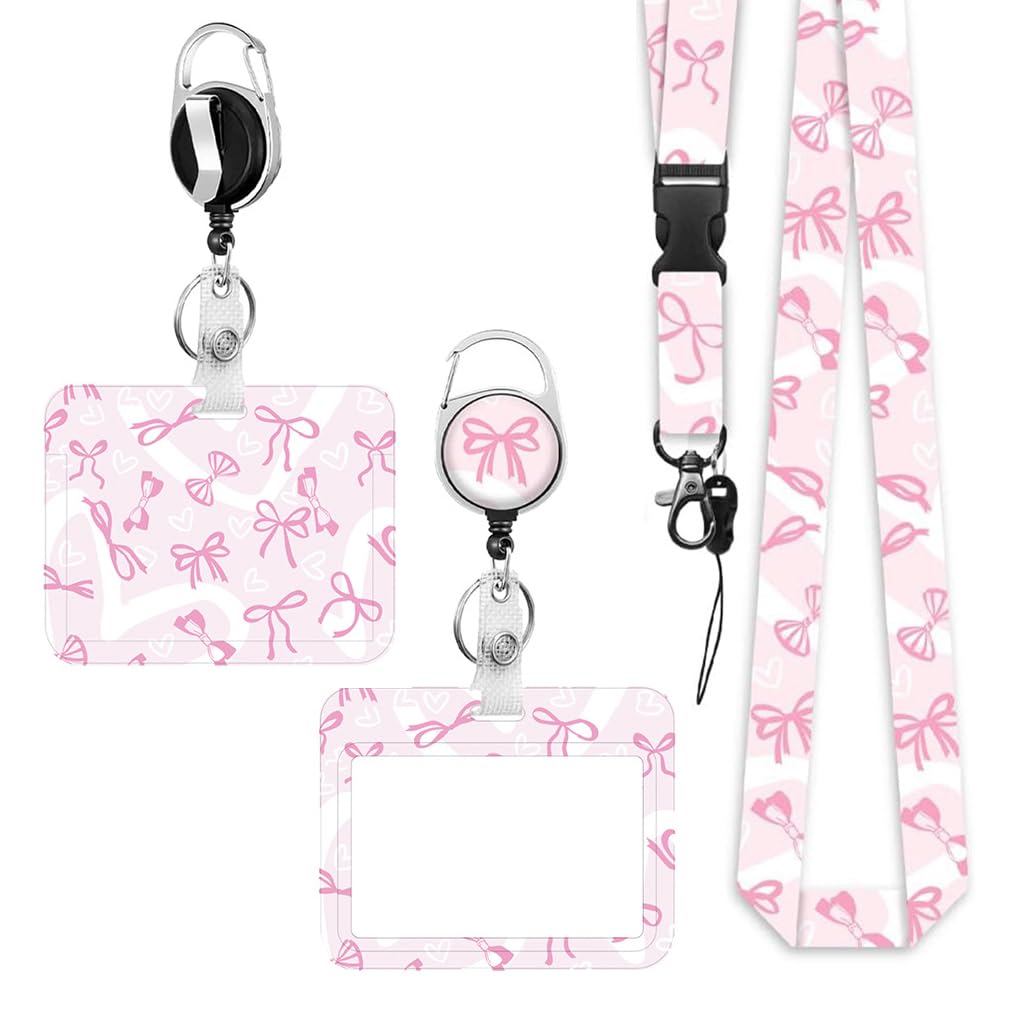 ID Card Holders Sliding Badge Holder Bowknot Pattern Lanyard with Card Holder Retractable Badge Reel Carabiner Pink Lanyard Card Protector for Office Worker Teacher Student Nurse
