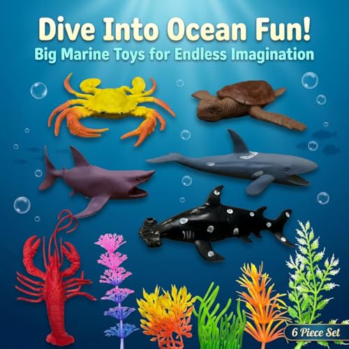 Image of ZESTHOME Aquatic Sea Animals & Fish Toys for Kids | Big Rubber Ocean Creatures Playset - Crab, Turtle, Whale, Shark, Lobster & Dolphin with Sea Grasses - BPA-Free, Non-Toxic | 6 piece