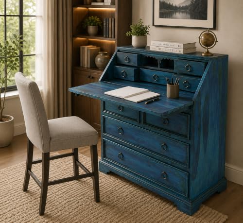 Image of Solid Sheesham Wood Writing Study Table for Students Office Desk Workstation Computer Laptop Table with Drawer Storage for Home Office Library Wooden Furniture (Blue)