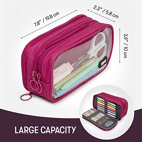 Image of ZIPIT Half & Half Pencil Case for Girls, 3 Compartment Zipper Pouch for School, Stationery Bag for Teen and Adults, Pink