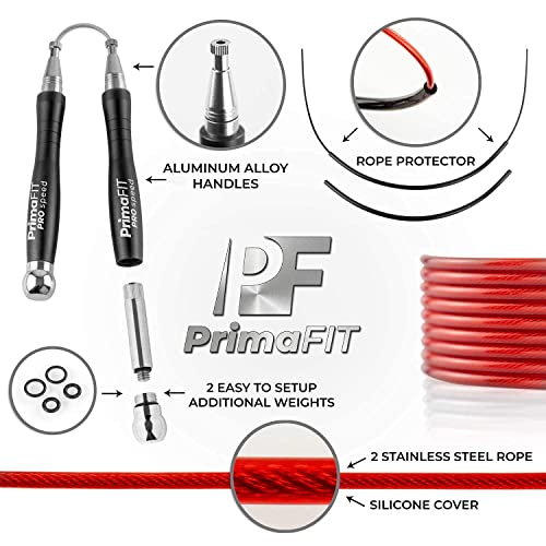 Image of PrimaFIT Skipping Rope for Adults Weighted Jump Rope Boxing for Men & Women | PRO Speed Jumping Rope, Fitness, Gym, Crossfit, Ball Bearings, 2x3m Adjustable Cables & Protectors, Additional Weights, Bag