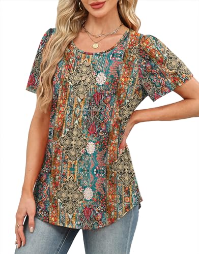Image of Womens Tops Dressy Casual Blouses Short Sleeve Shirts Plus Size Fashion Clothing Spring Summer Outfits Button Pleated Front