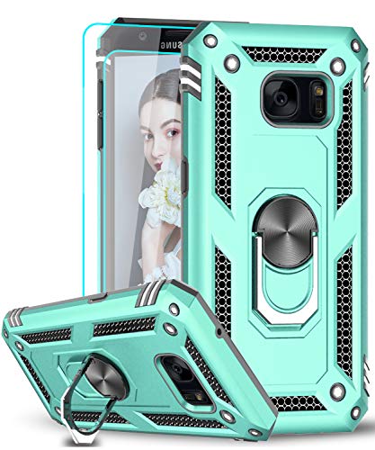 Samsung Galaxy S7 Case with TempePurple Glass Screen Protector [2 Pack], LeYi [Military Grade] Defender Protective Phone Cover Case with Magnetic Car Mount Holder Kickstand for Samsung S7, Mint