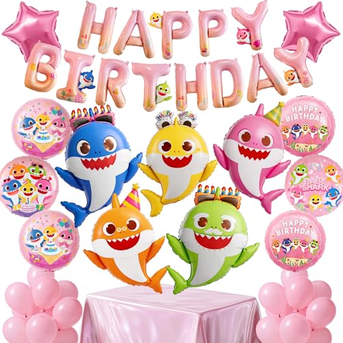 Image of PartyWoo Baby Shark Family Foil Balloons 37pcs Baby Shark Family Pink Round Star Mylar Happy Birthday Letter Balloons for Boys and Girls Under the Sea Kids Birthday Party Decorations